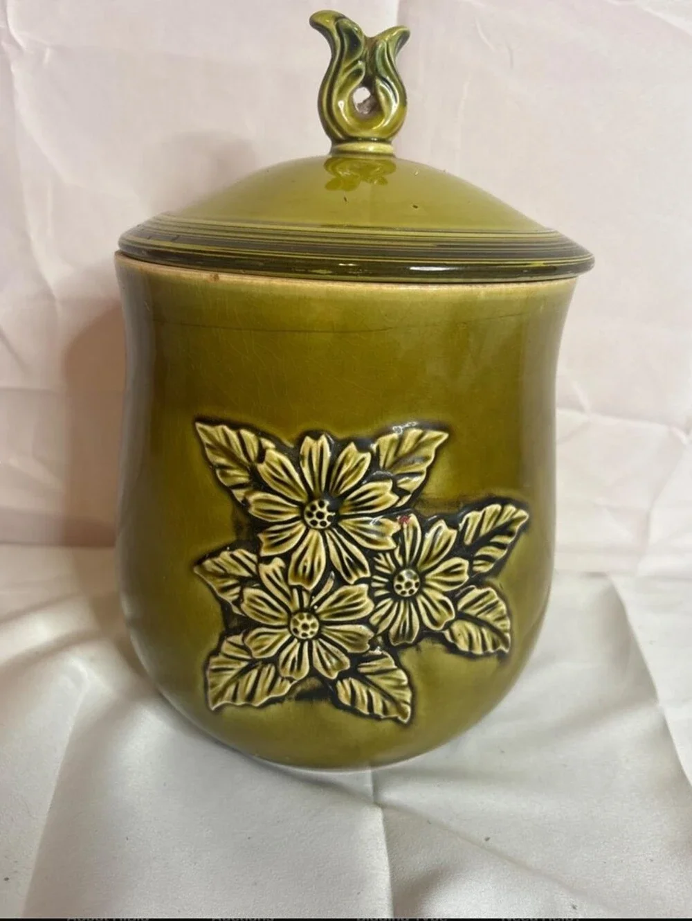 Vintage Mid-Century Olive Green Ceramic Butterfly Cookie Jar - Retro 1970s